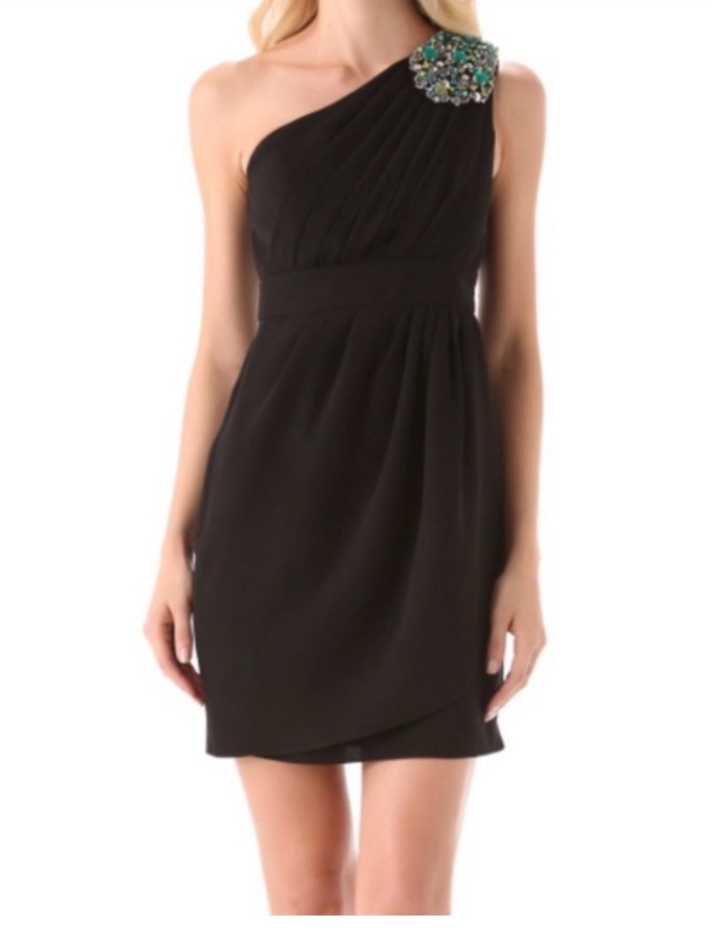 Shoshanna Black One-Shoulder Dress with Green Beaded Shoulder Accent